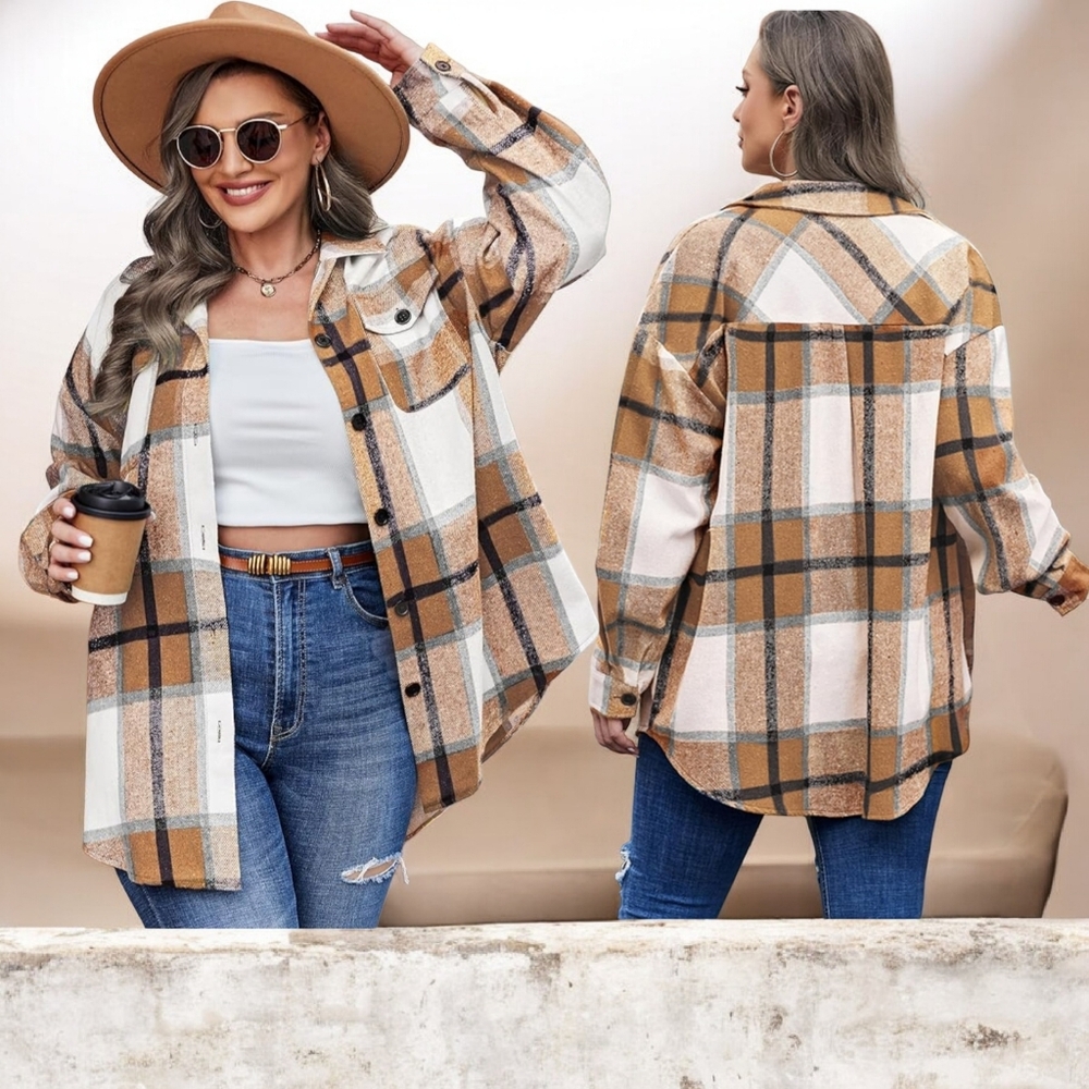 Women's Brown Plaid Oversized Button-Down Flannel Shacket/Shirt Jacket
